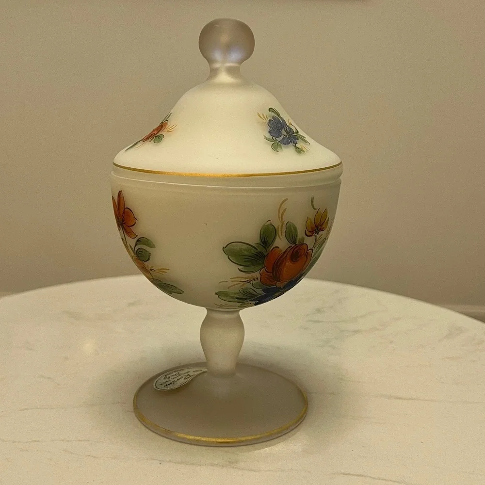 Vtg Italian Frosted Satin Glass Candy Dish‎ Rossini Hand Painted Pedestal Lidded